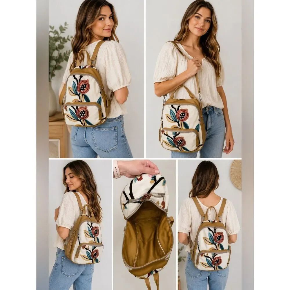 Boho Embroidered Floral Convertible Backpack Purse Canvas & Faux Leather